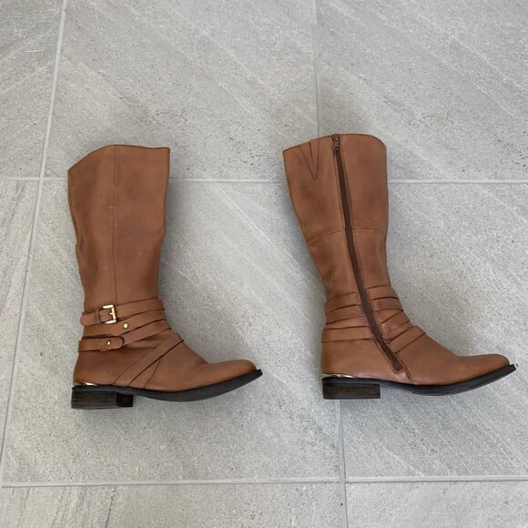 Steve Madden Albany Cognac Leather Belted Riding Boots Sz 8.5 - Picture 3 of 5